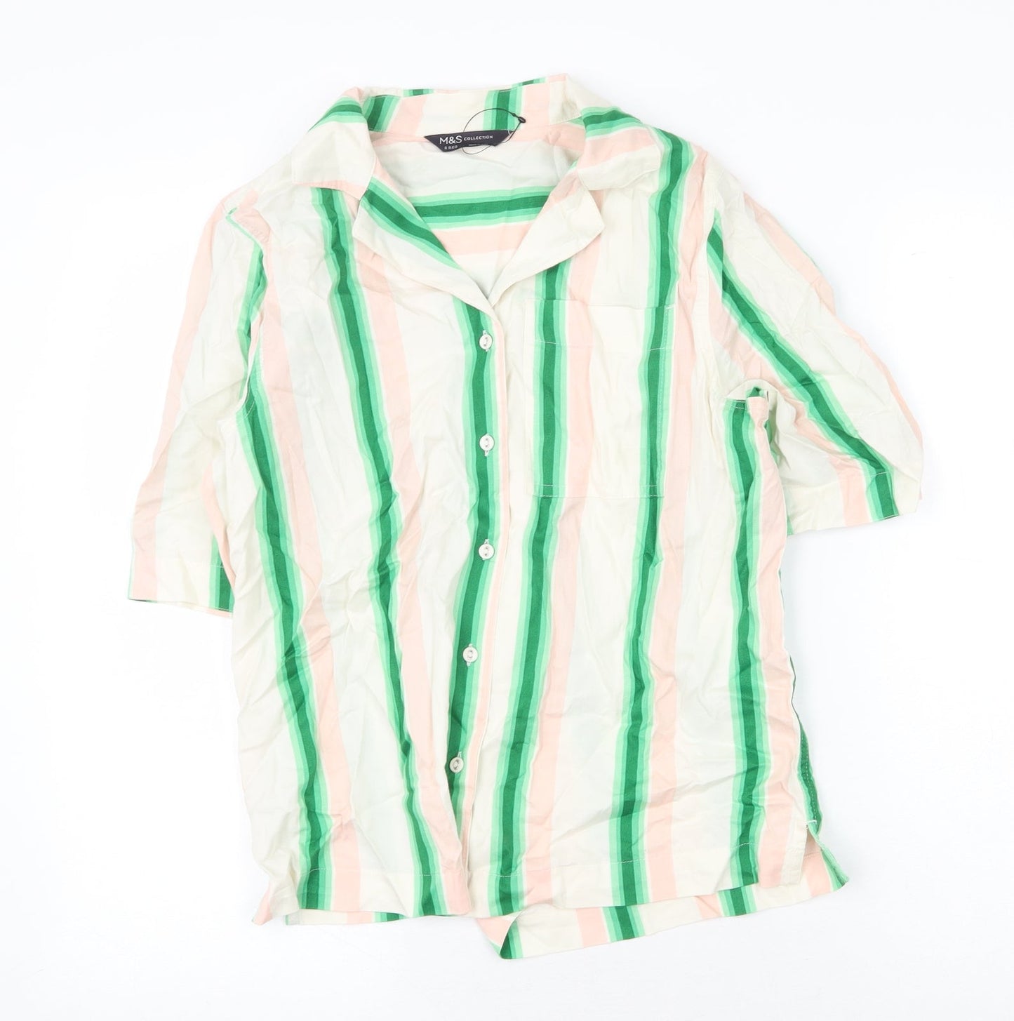 Marks and Spencer Womens Multicoloured Striped Cotton Basic Button-Up Size 8 Collared
