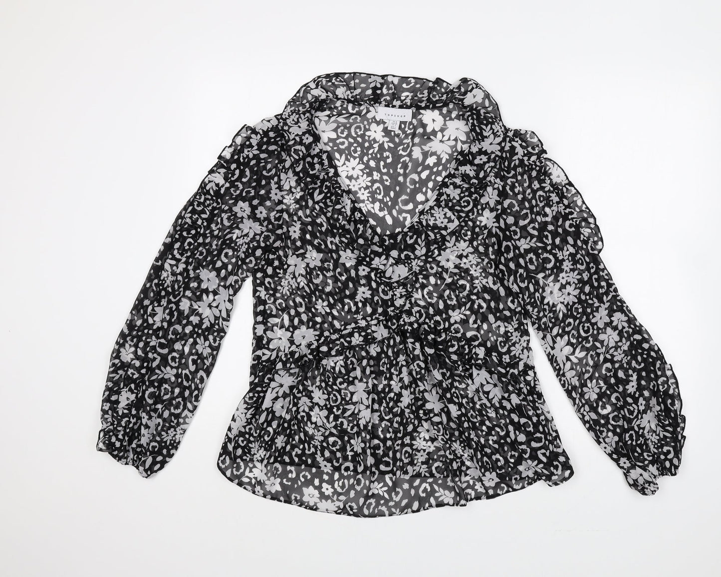 Topshop Womens Black Floral Polyester Basic Blouse Size 8 V-Neck