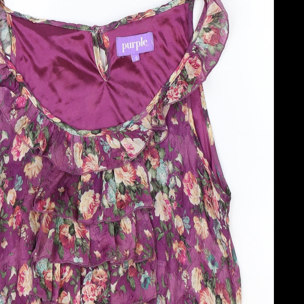 Purple Womens Purple Floral Polyester Basic Tank Size S Scoop Neck