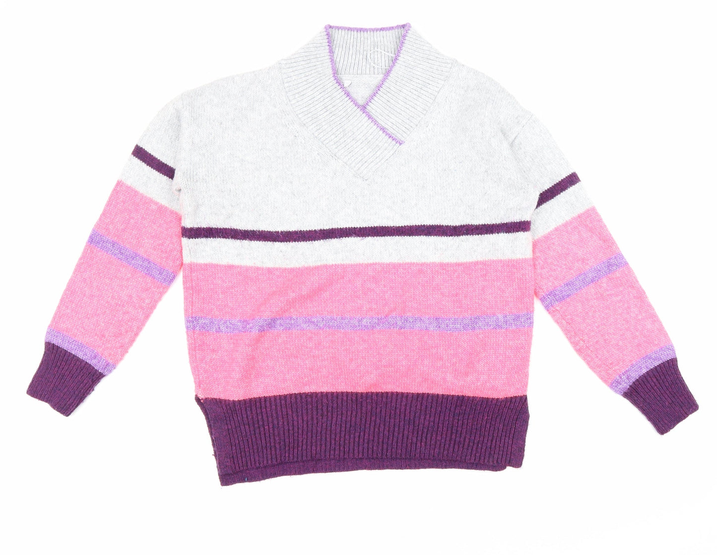 NEXT Womens Grey V-Neck Striped Polyester Pullover Jumper Size S