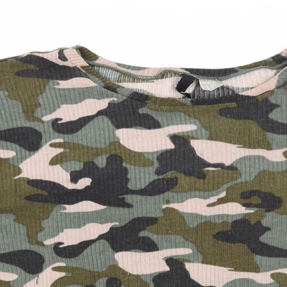 Divided Womens Green Scoop Neck Camouflage Polyester Pullover Jumper Size M - Ribbed