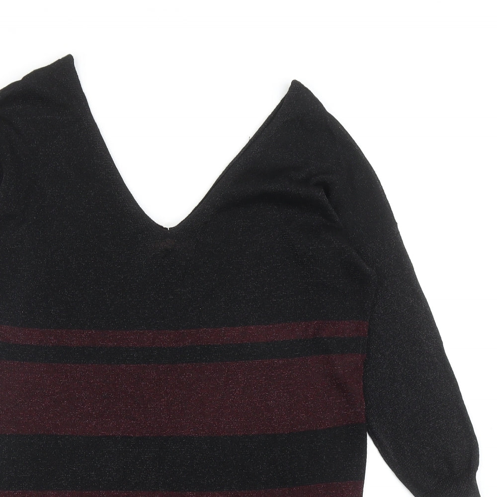 NEXT Womens Black V-Neck Striped Viscose Pullover Jumper Size 8
