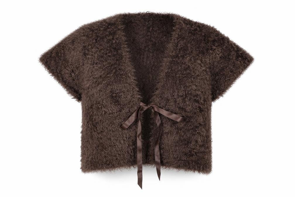 Per Una Womens Brown V-Neck Polyamide Shrug Jumper Size 10 - Fluffy Satin Tie Front