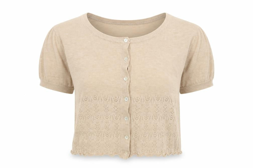 Deluxe Womens Beige Scoop Neck Cotton Cardigan Jumper Size XS