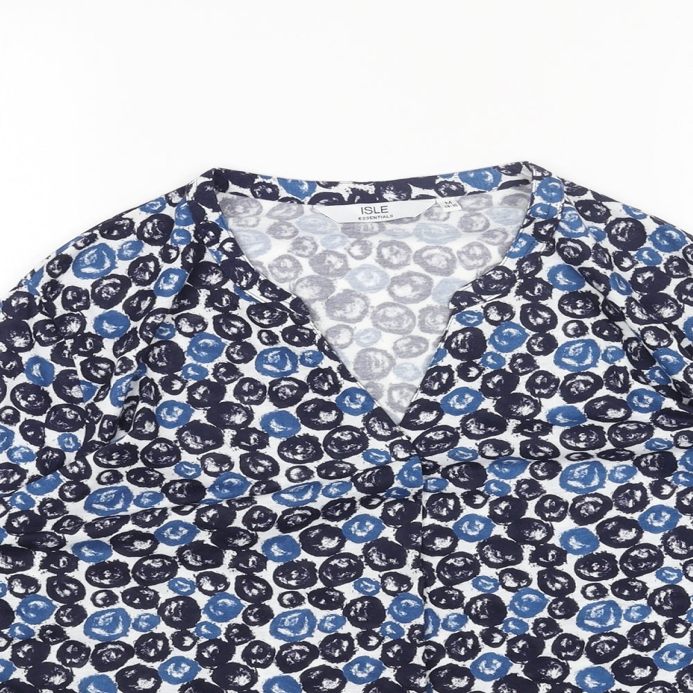 Isle Womens Blue Geometric Polyester Basic T-Shirt Size M V-Neck