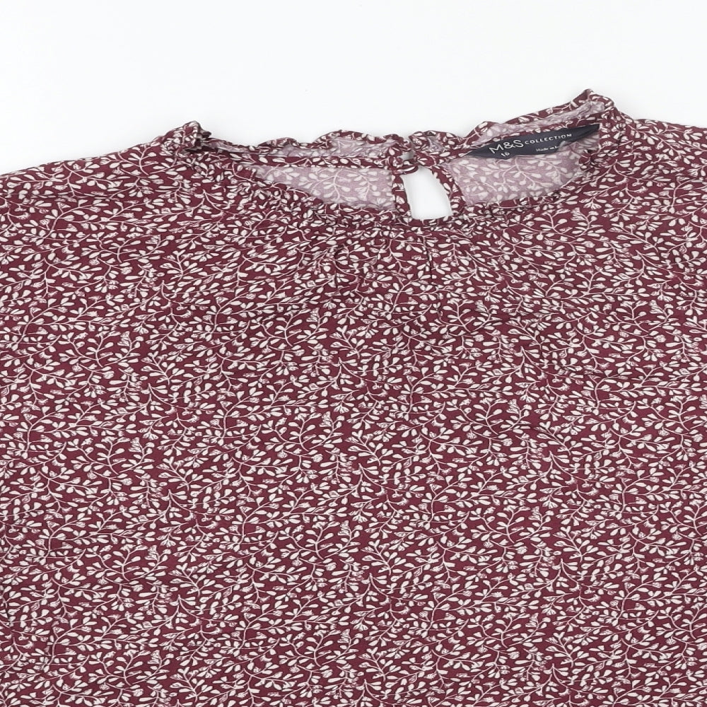 Marks and Spencer Womens Red Floral Viscose Basic Blouse Size 16 Scoop Neck