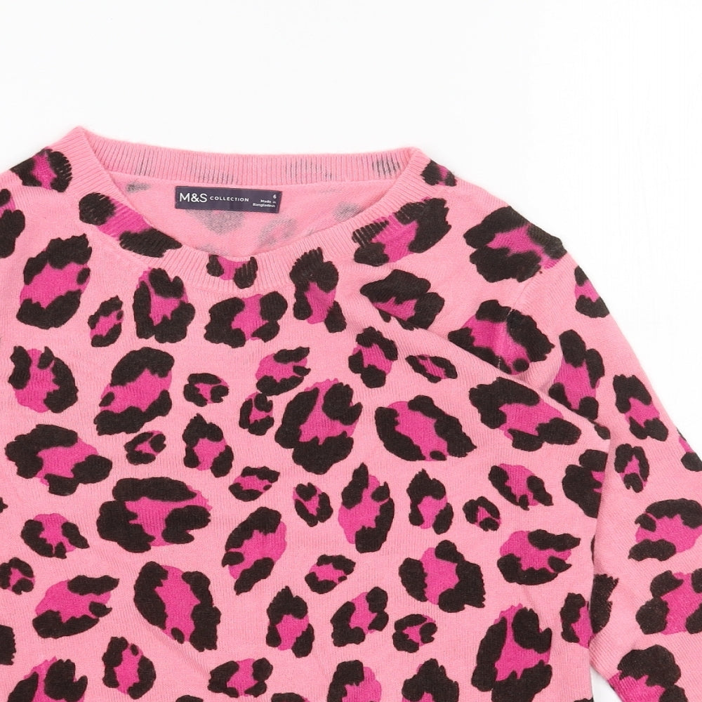 Marks and Spencer Womens Pink Boat Neck Animal Print Acrylic Pullover Jumper Size 6 - Leopard Print