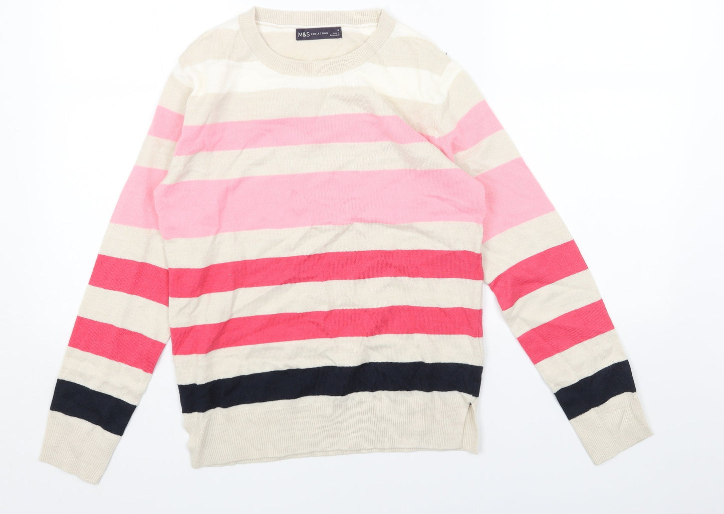 Marks and Spencer Womens Beige Scoop Neck Striped Acrylic Pullover Jumper Size 6