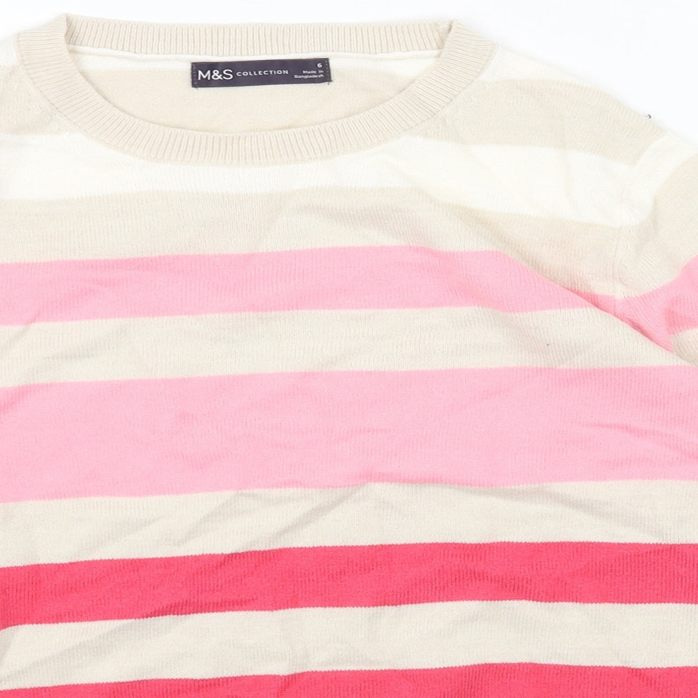Marks and Spencer Womens Beige Scoop Neck Striped Acrylic Pullover Jumper Size 6