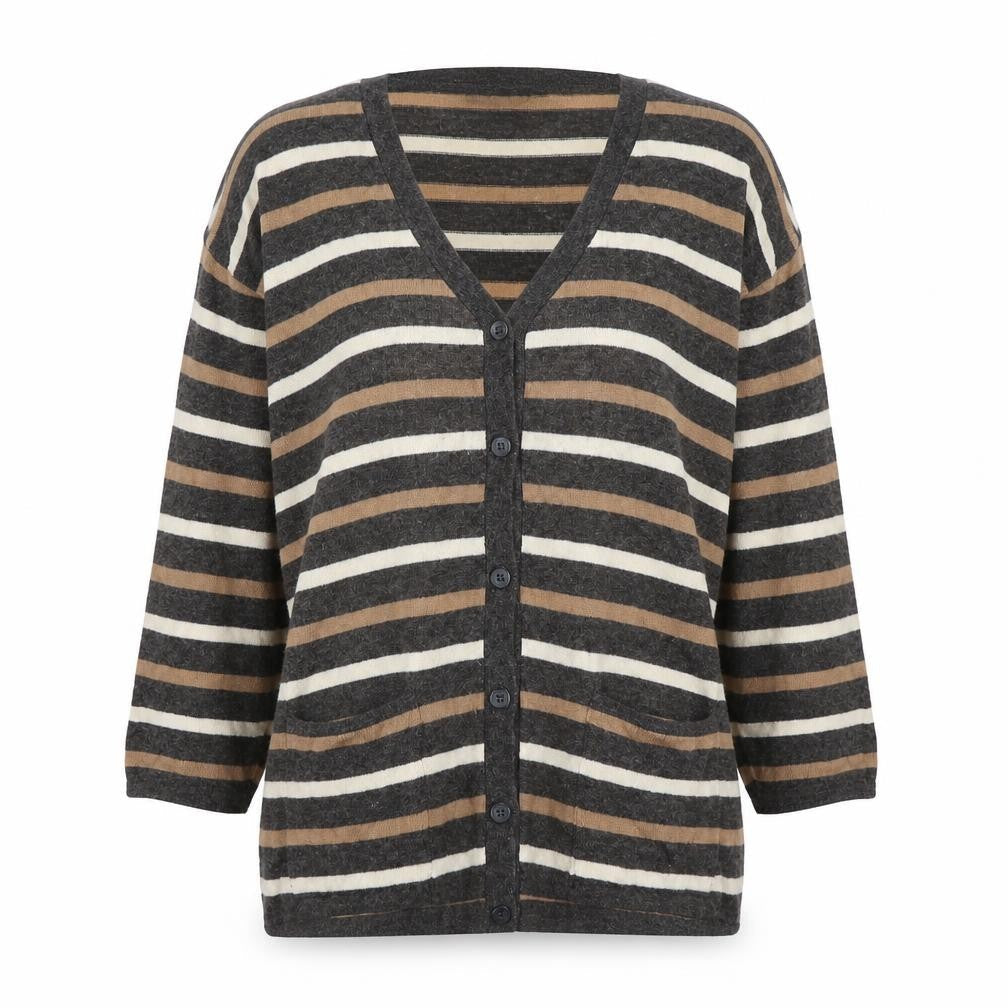 Tigi Womens Brown V-Neck Striped Acrylic Cardigan Jumper One Size
