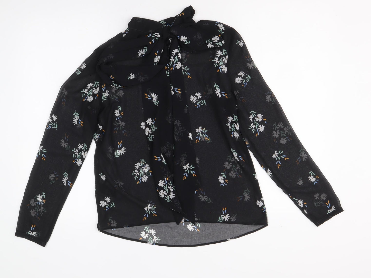 Marks and Spencer Womens Black Floral Polyester Basic Button-Up Size 6 V-Neck