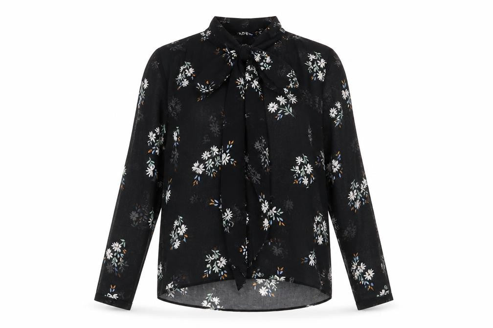 Marks and Spencer Womens Black Floral Polyester Basic Button-Up Size 6 V-Neck
