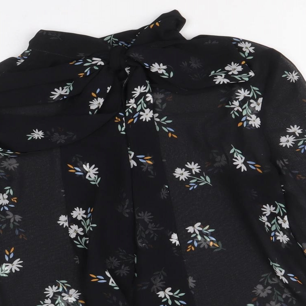 Marks and Spencer Womens Black Floral Polyester Basic Button-Up Size 6 V-Neck