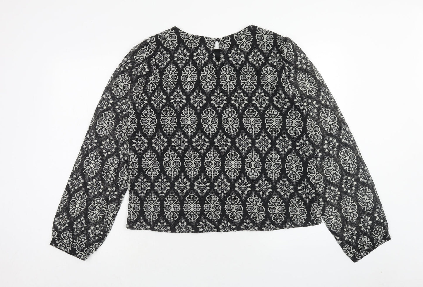 Poppy Lux Womens Black Geometric Polyester Basic Blouse Size 16 Scoop Neck