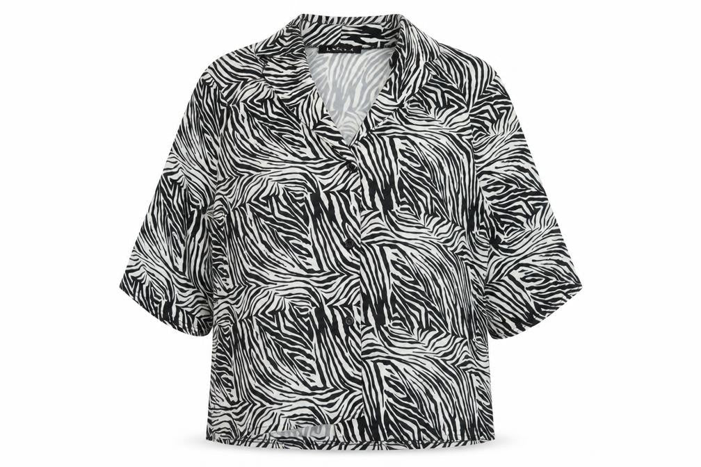 Lasula Womens Black Animal Print Polyester Basic Blouse Size 12 V-Neck - Zebra Pattern