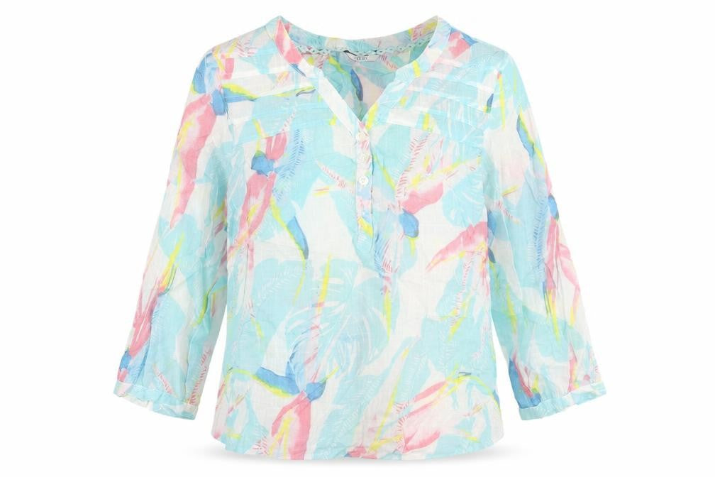 Dash Womens Blue Geometric Cotton Basic Blouse Size 10 V-Neck