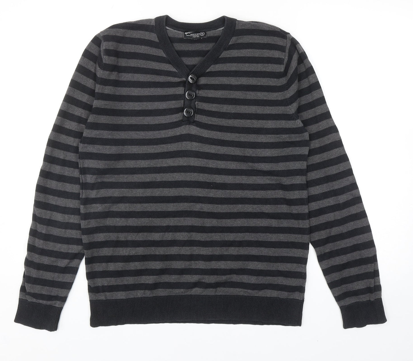 Urban Surface Mens Grey V-Neck Striped Cotton Henley Jumper Size S - Elbow Patches