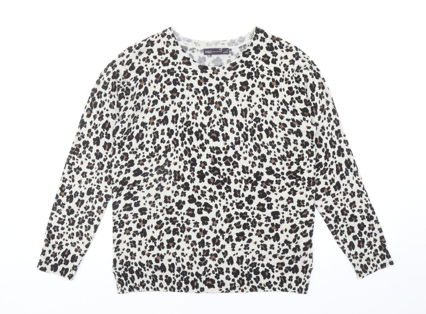 Marks and Spencer Womens Brown Scoop Neck Animal Print Acrylic Pullover Jumper Size 12 - Leopard print