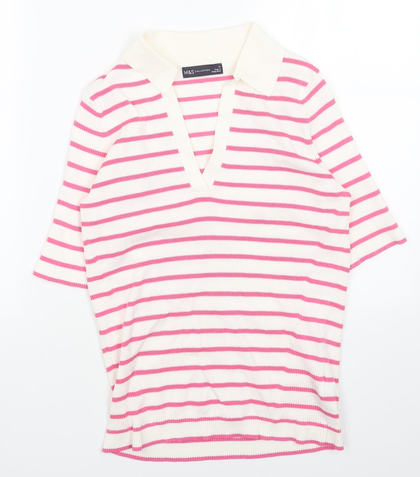 Marks and Spencer Womens White V-Neck Striped Acrylic Pullover Jumper Size M