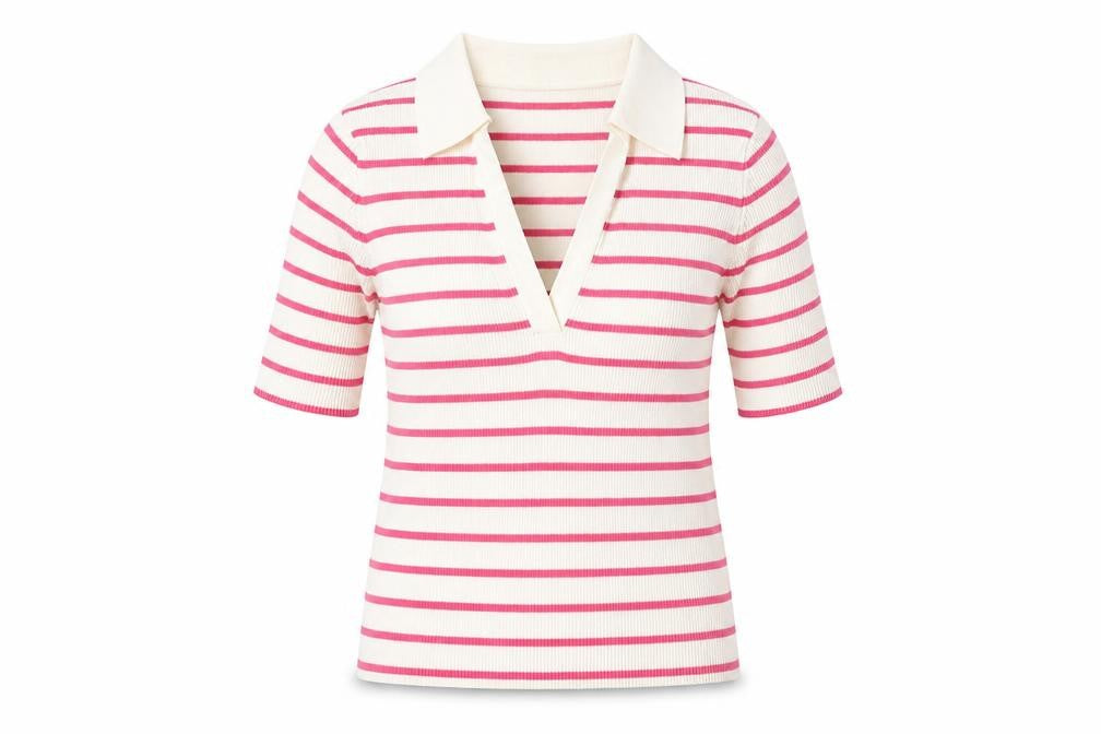 Marks and Spencer Womens Pink Collared Striped Acrylic Pullover Jumper Size M