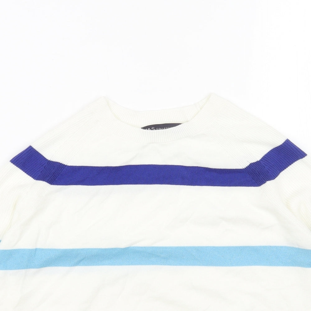 Marks and Spencer Womens White Round Neck Striped Cotton Pullover Jumper Size S