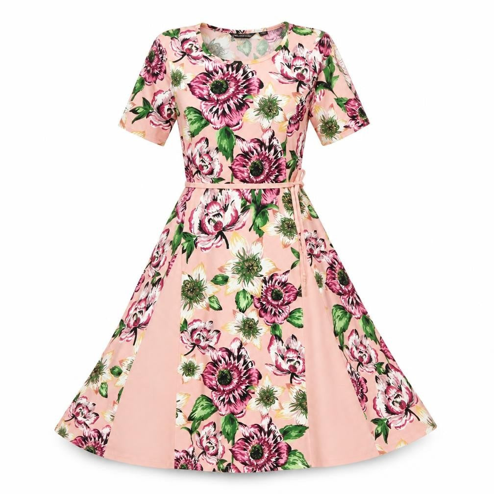 Nina Leonard Womens Pink Floral Polyester Fit & Flare Size XS Round Neck Tie