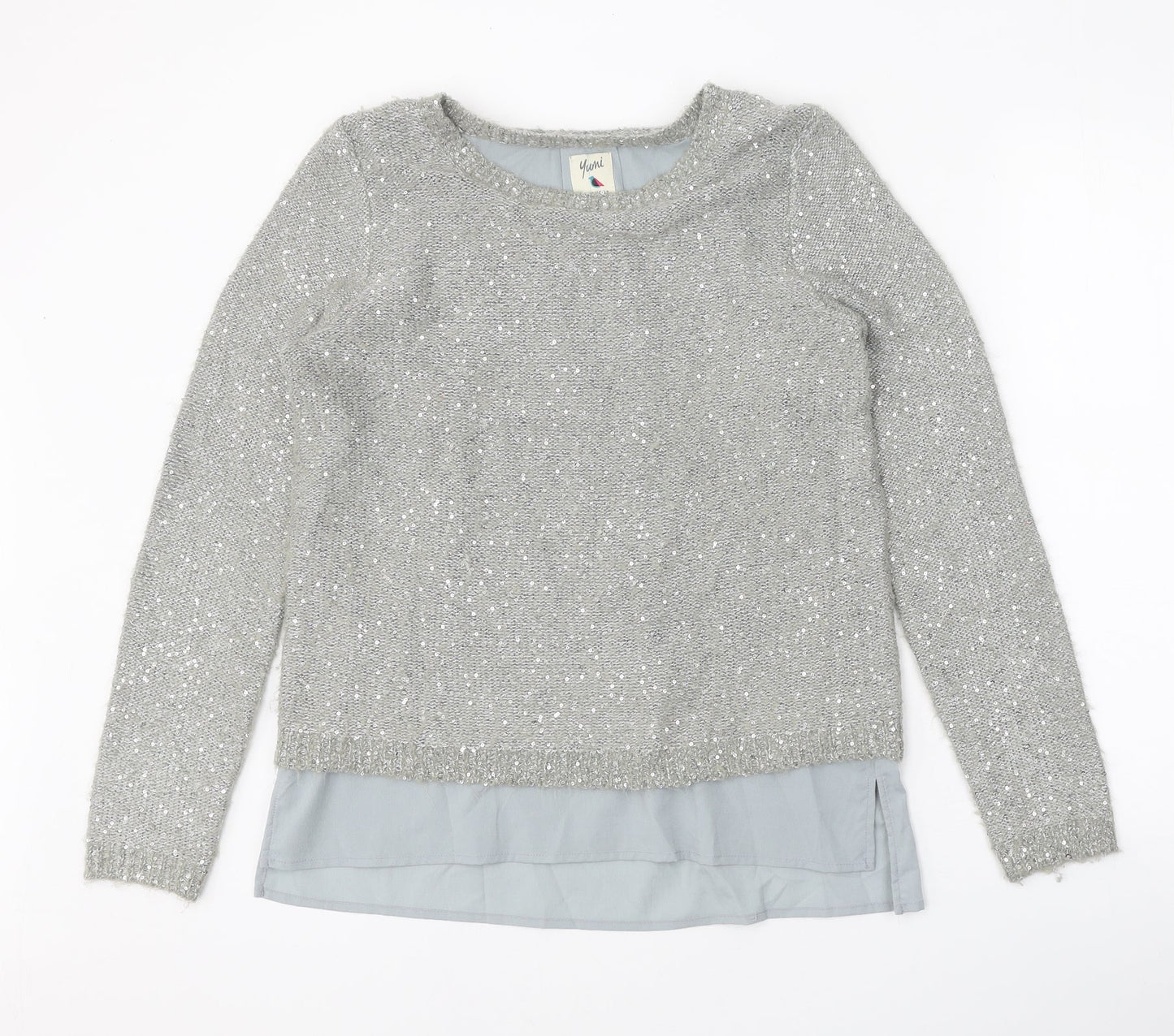 Yumi Womens Grey Scoop Neck Polyester Pullover Jumper Size S - Chiffon Hem