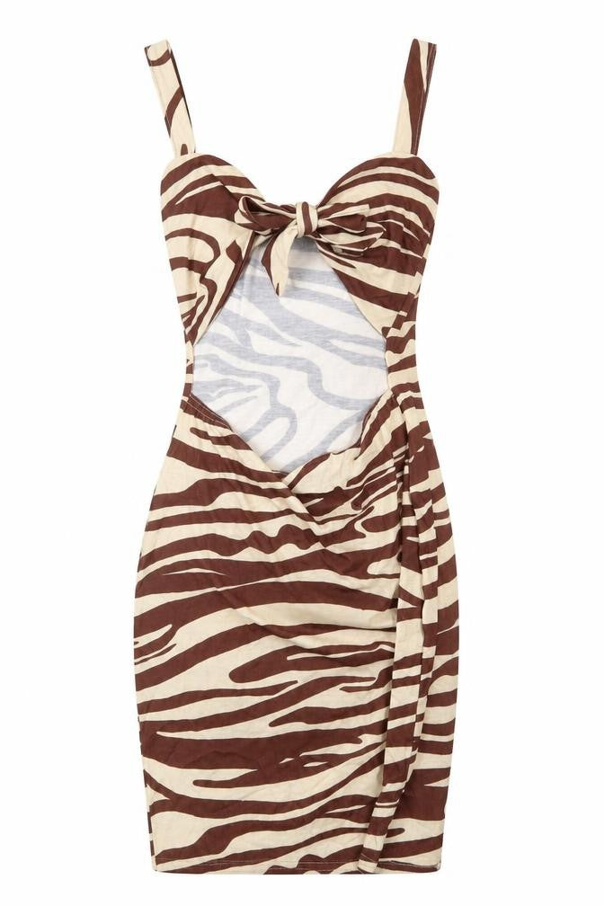 PRETTYLITTLETHING Womens Brown Animal Print Polyester Bodycon Size 8 Scoop Neck Tie - Zebra Print