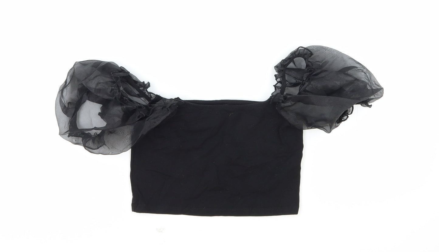 Topshop Womens Black Cotton Cropped Blouse Size 8 Square Neck - Puff Sleeve