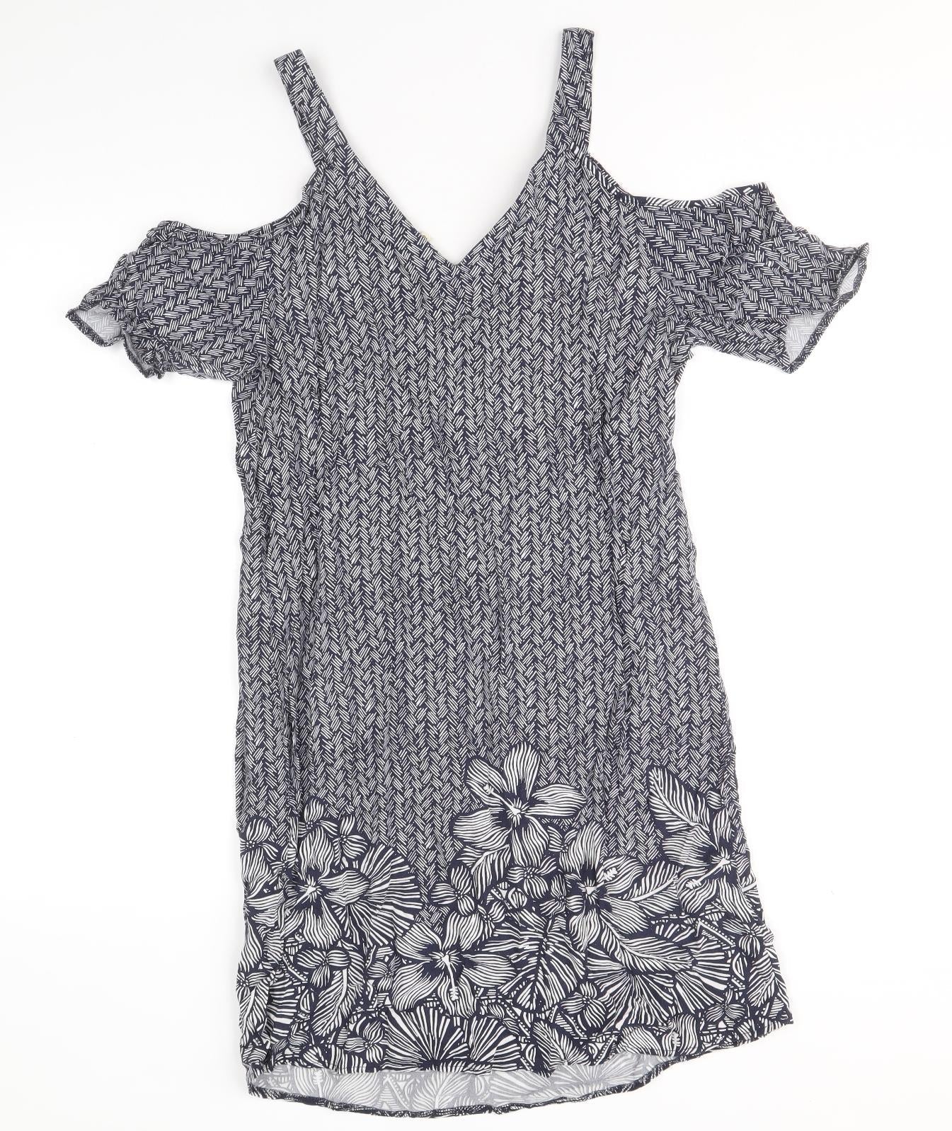Papaya Womens Blue Floral Viscose A-Line Size 10 V-Neck Pullover