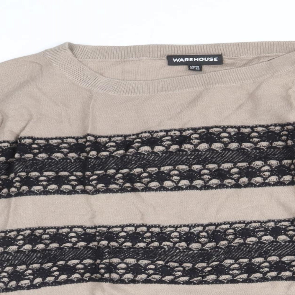 Warehouse Womens Brown Round Neck Floral Cotton Pullover Jumper Size 14