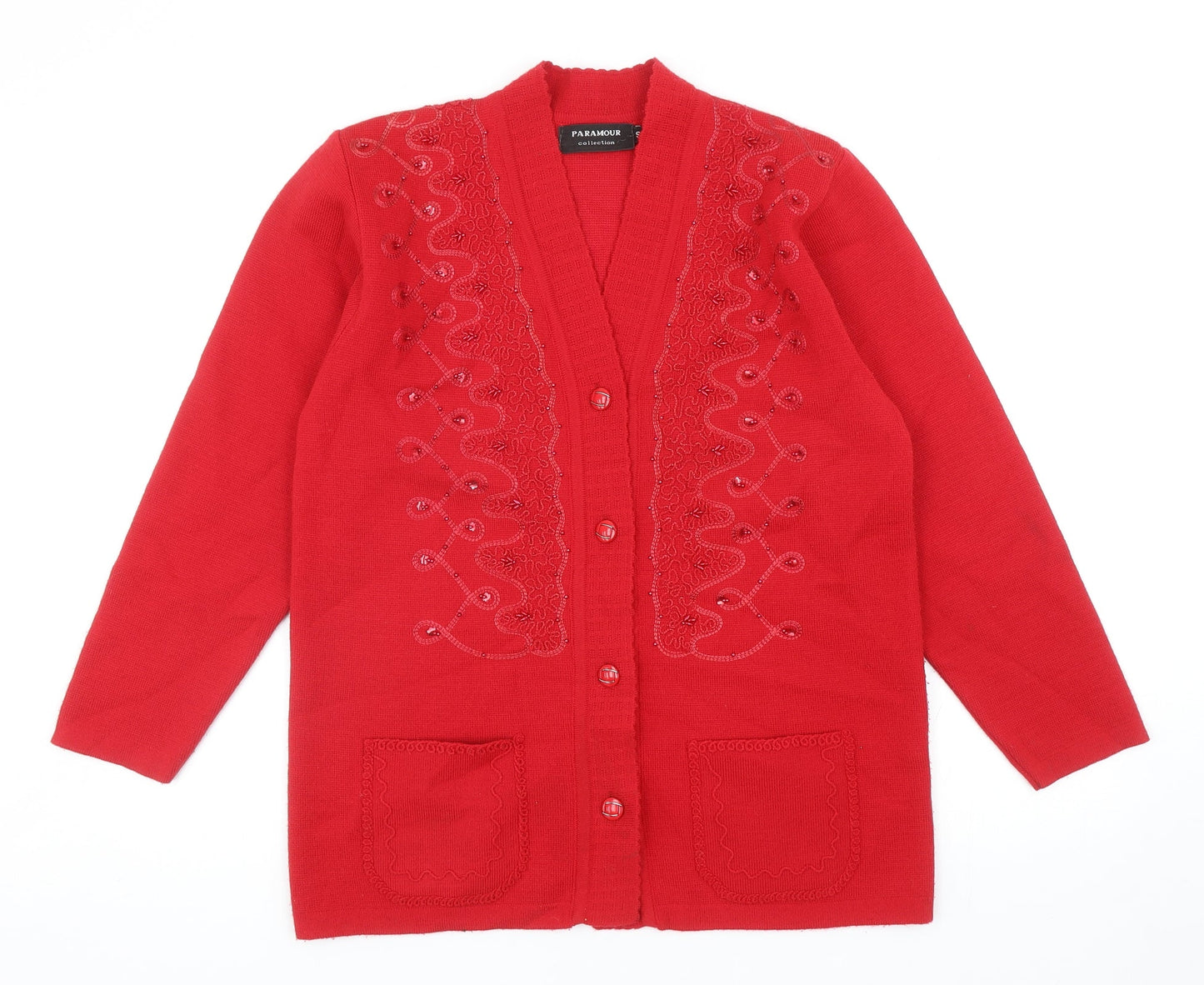 Paramour Womens Red V-Neck Acrylic Cardigan Jumper Size S