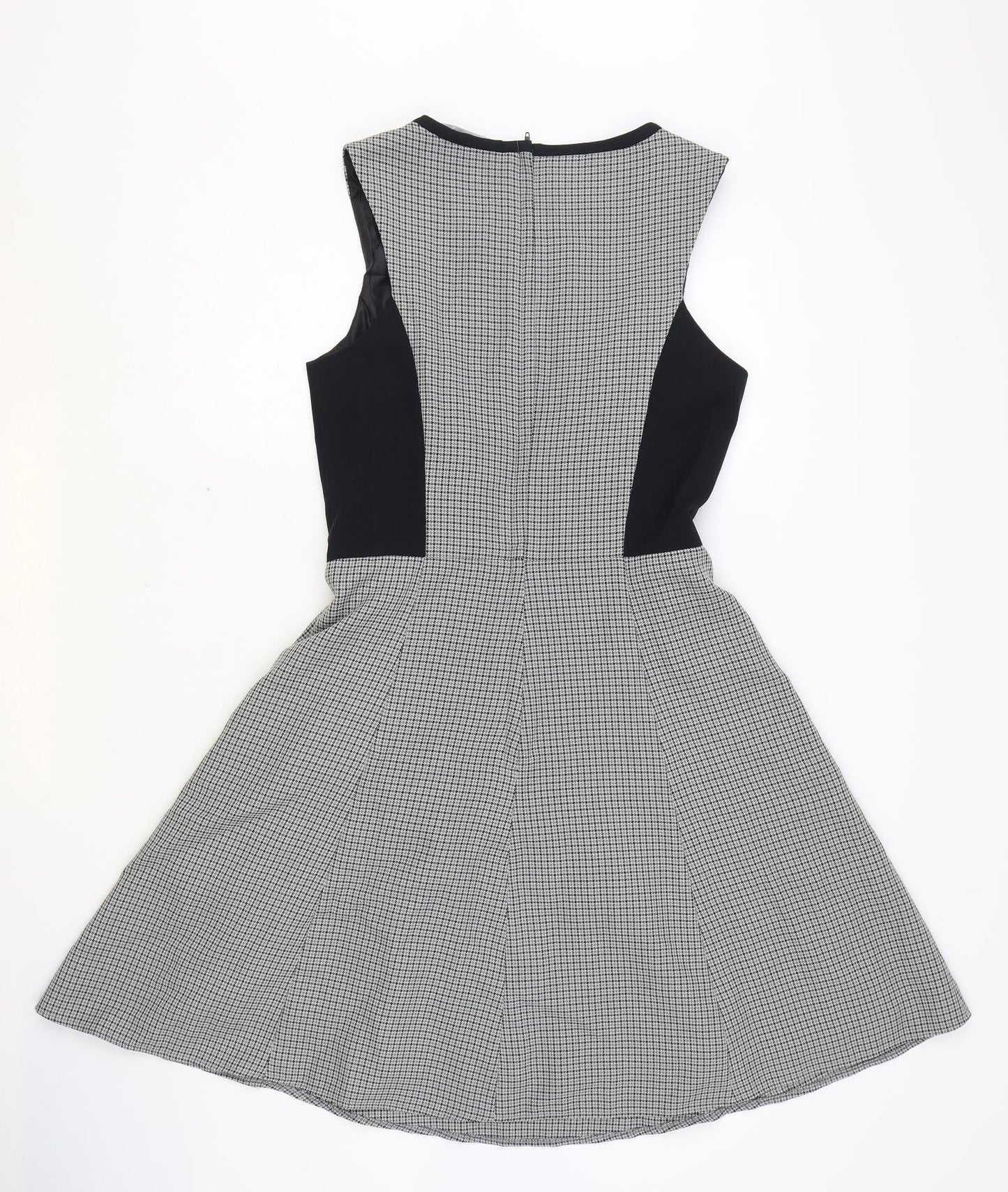 Dorothy Perkins Womens Black Houndstooth Polyester Skater Dress Size 10 Scoop Neck Zip