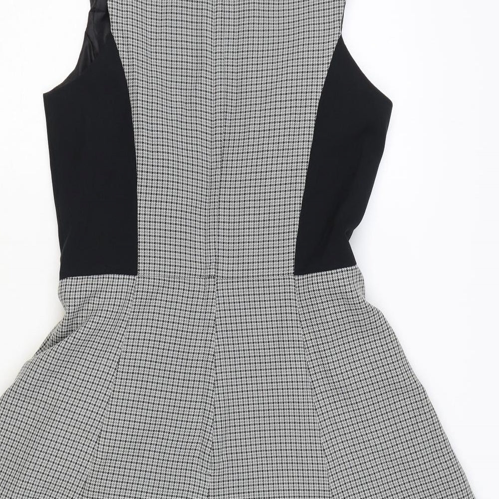 Dorothy Perkins Womens Black Houndstooth Polyester Skater Dress Size 10 Scoop Neck Zip