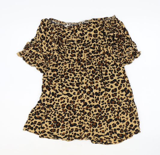Preworn Womens Brown Animal Print Polyester Shift Size S Off the Shoulder Pullover - Leopard print