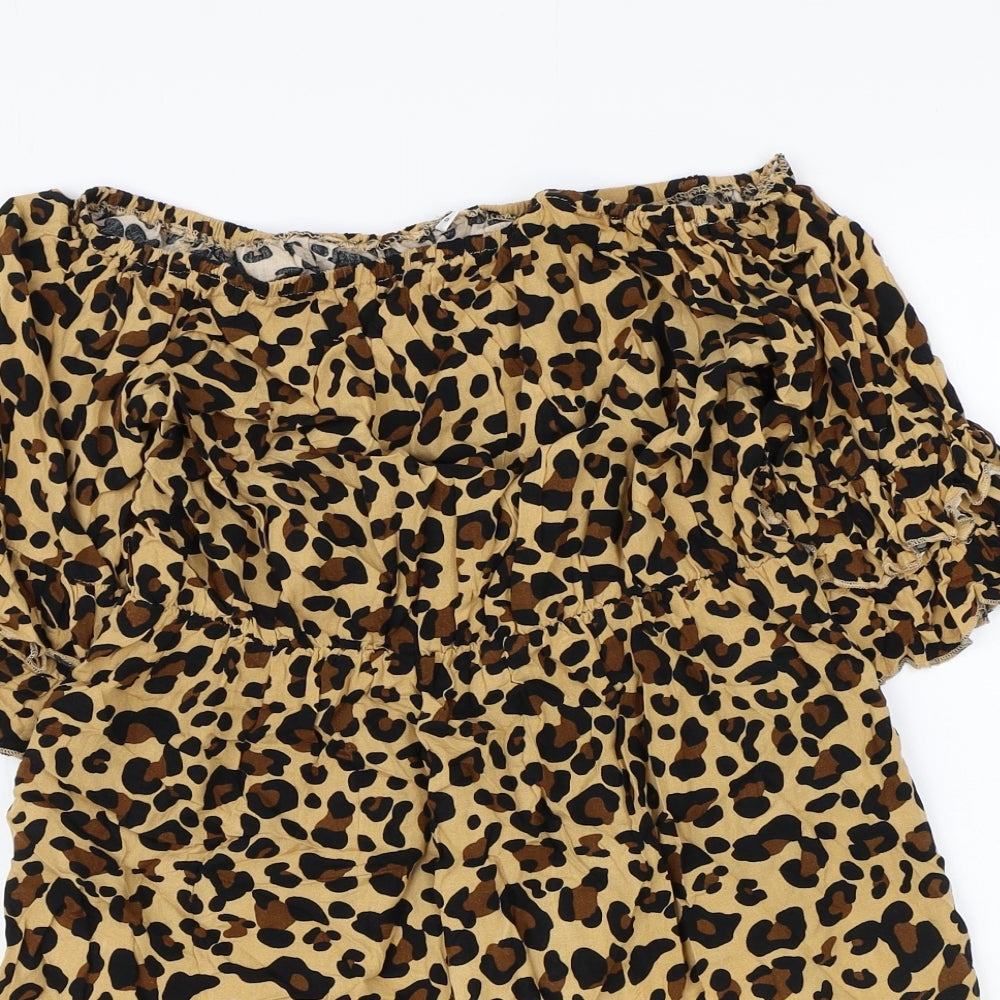 Preworn Womens Brown Animal Print Polyester Shift Size S Off the Shoulder Pullover - Leopard print