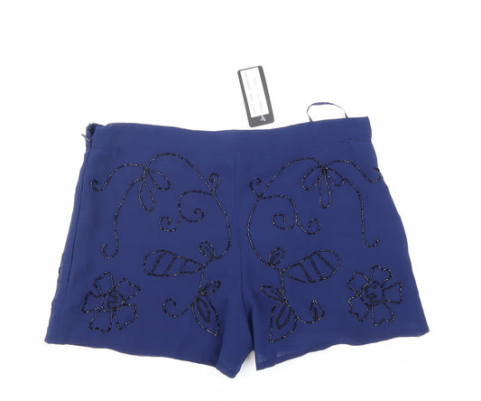Influence Womens Blue Floral Polyester Hot Pants Shorts Size 10 Regular Zip