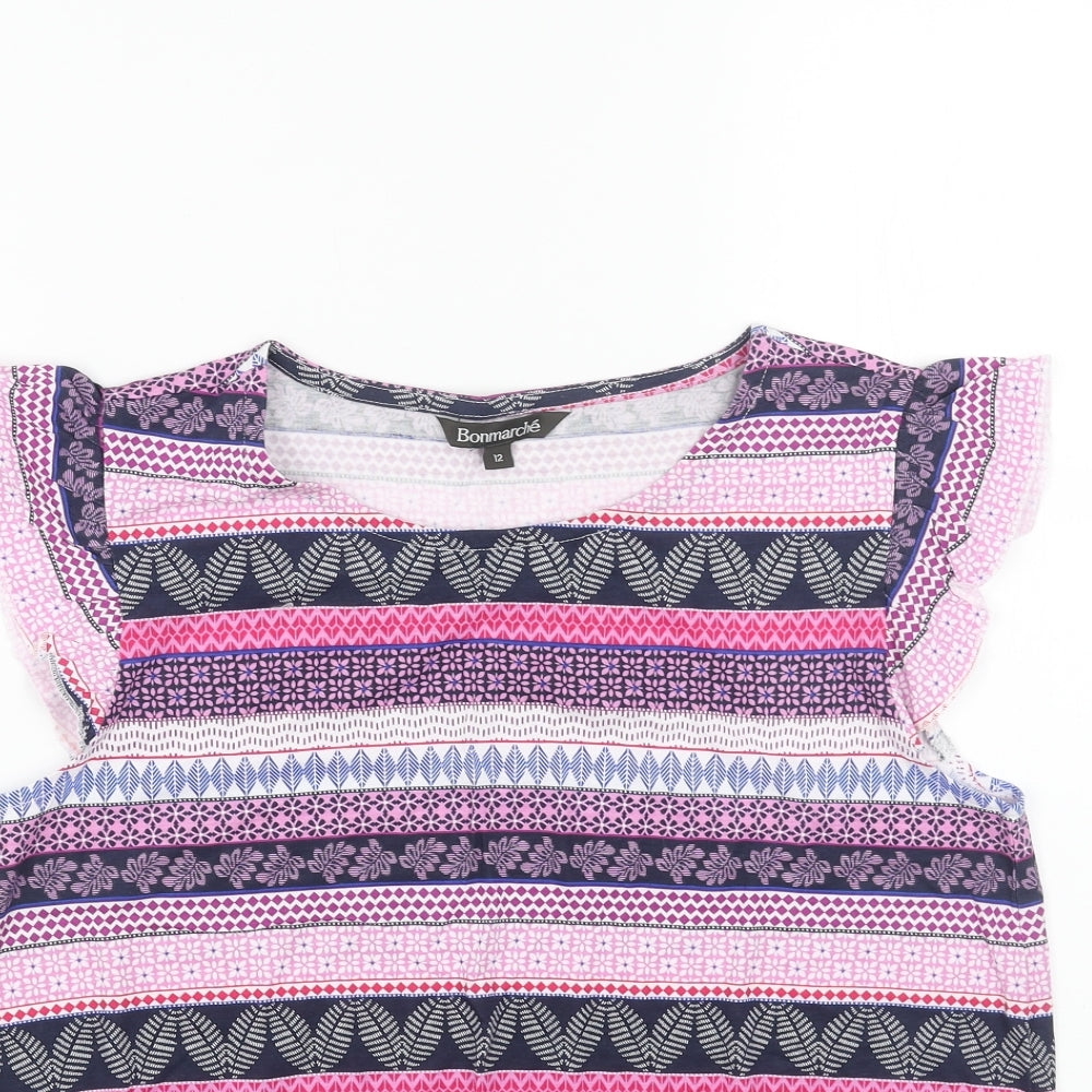 Bonmarché Womens Pink Geometric Cotton Basic Tank Size 12 Round Neck