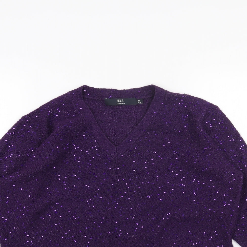 ISLE Womens Purple V-Neck Acrylic Pullover Jumper Size M