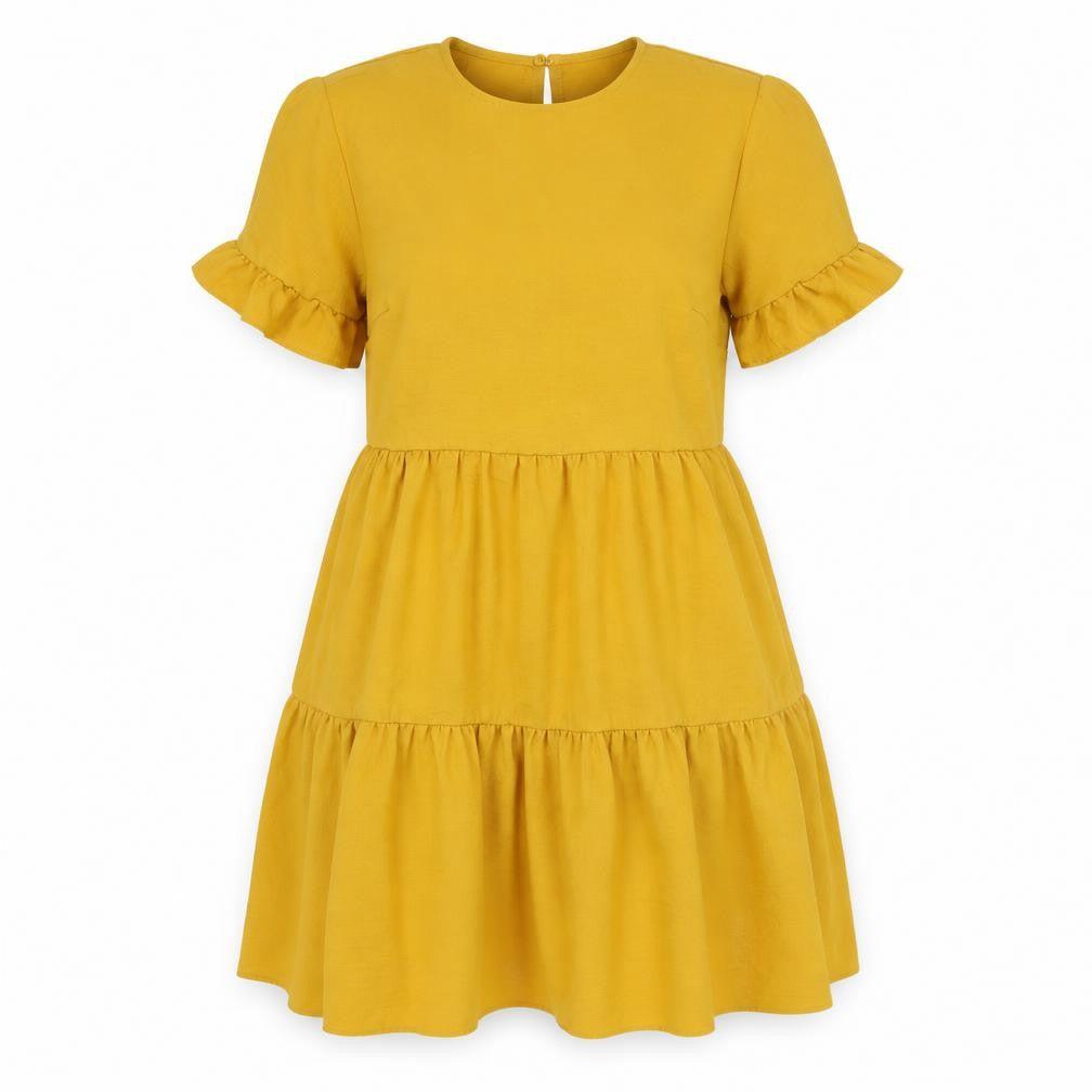 New Look Womens Yellow Polyester Fit & Flare Size 8 Round Neck Button - Tiered