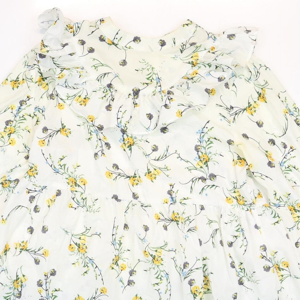 Nasty Gal Womens White Floral Polyester Trapeze & Swing Size M Round Neck Zip