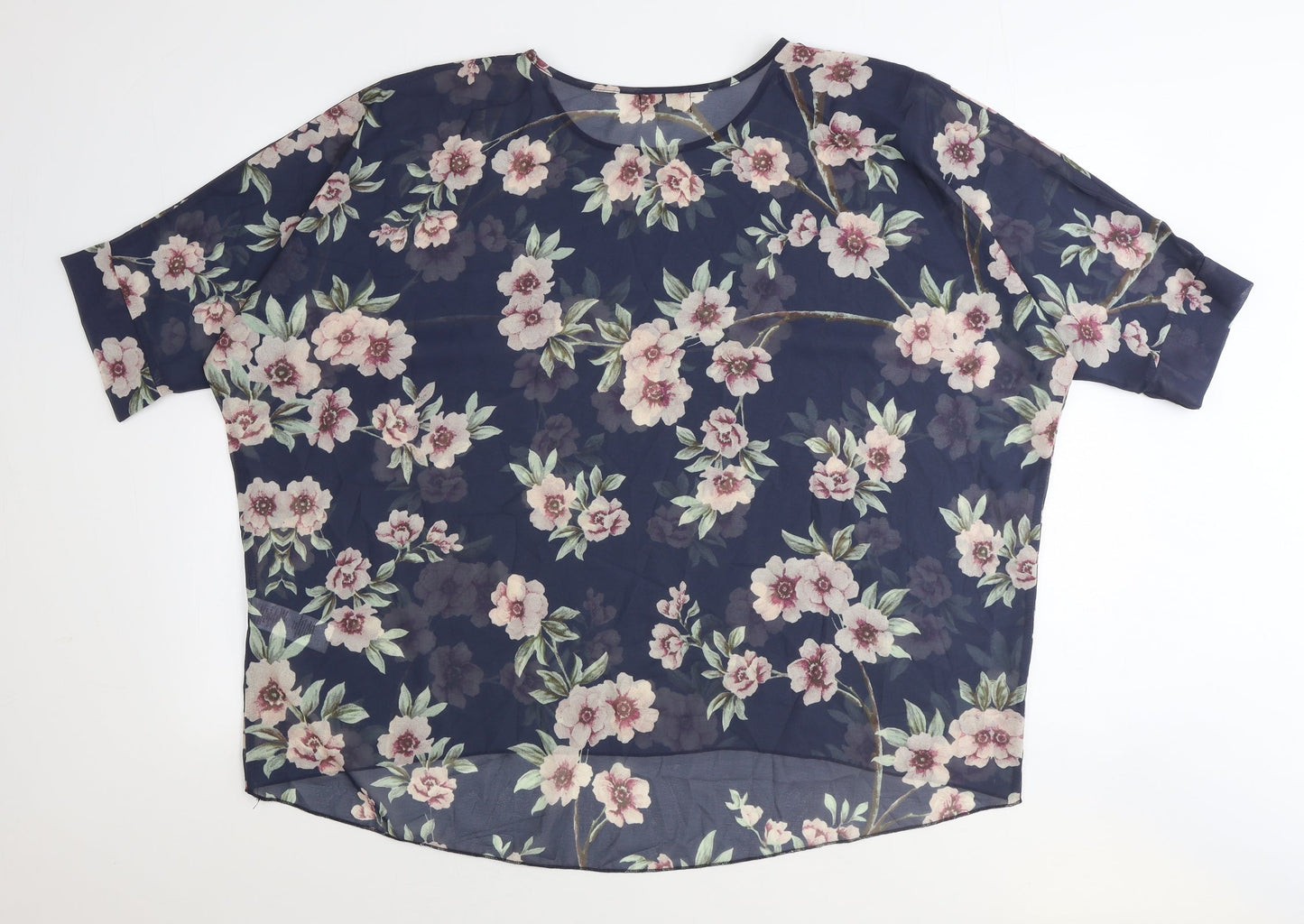 Apricot Womens Blue Floral Polyester Basic Blouse Size S Round Neck