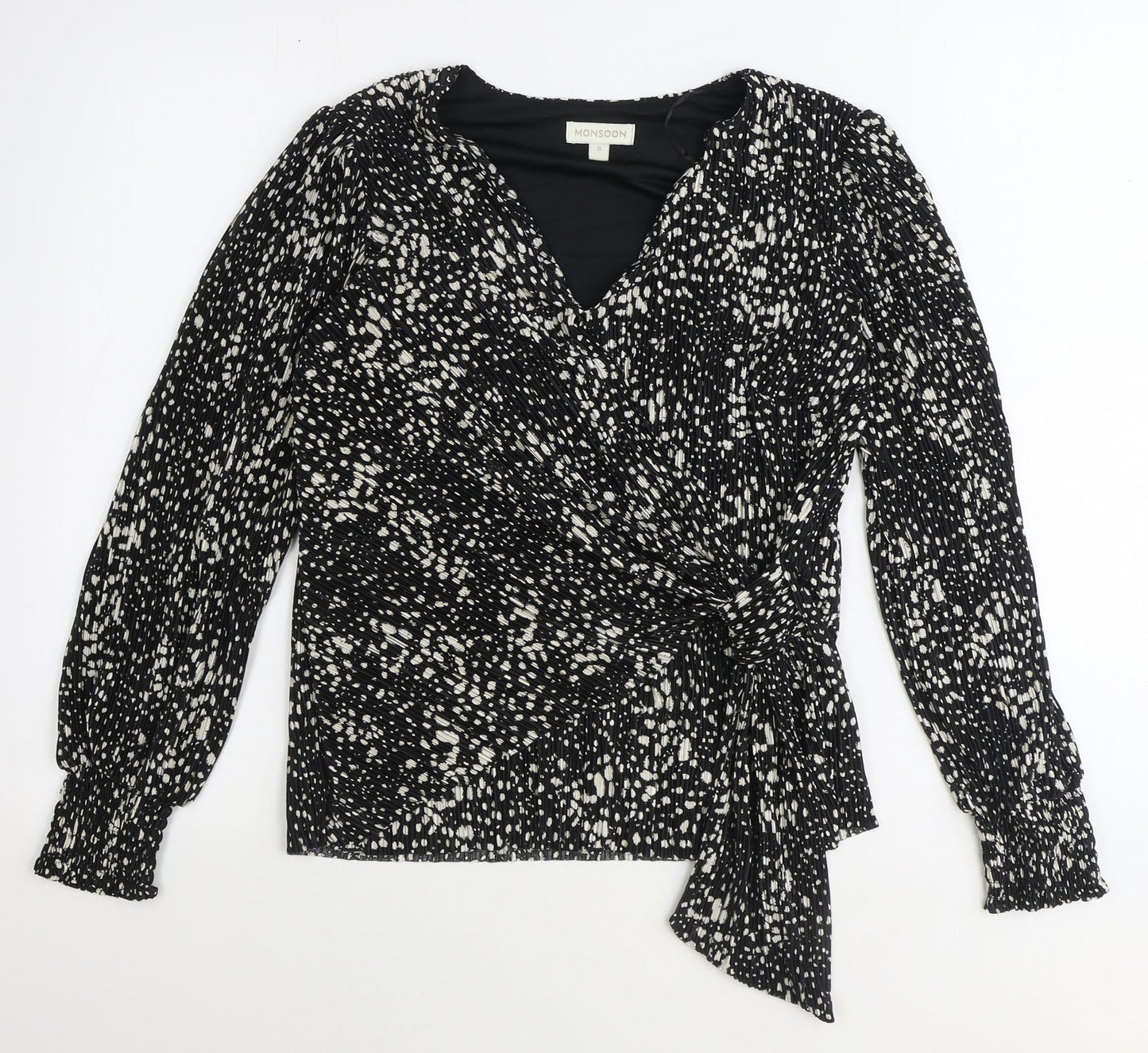 Monsoon Womens Black Geometric Polyester Wrap Blouse Size S V-Neck
