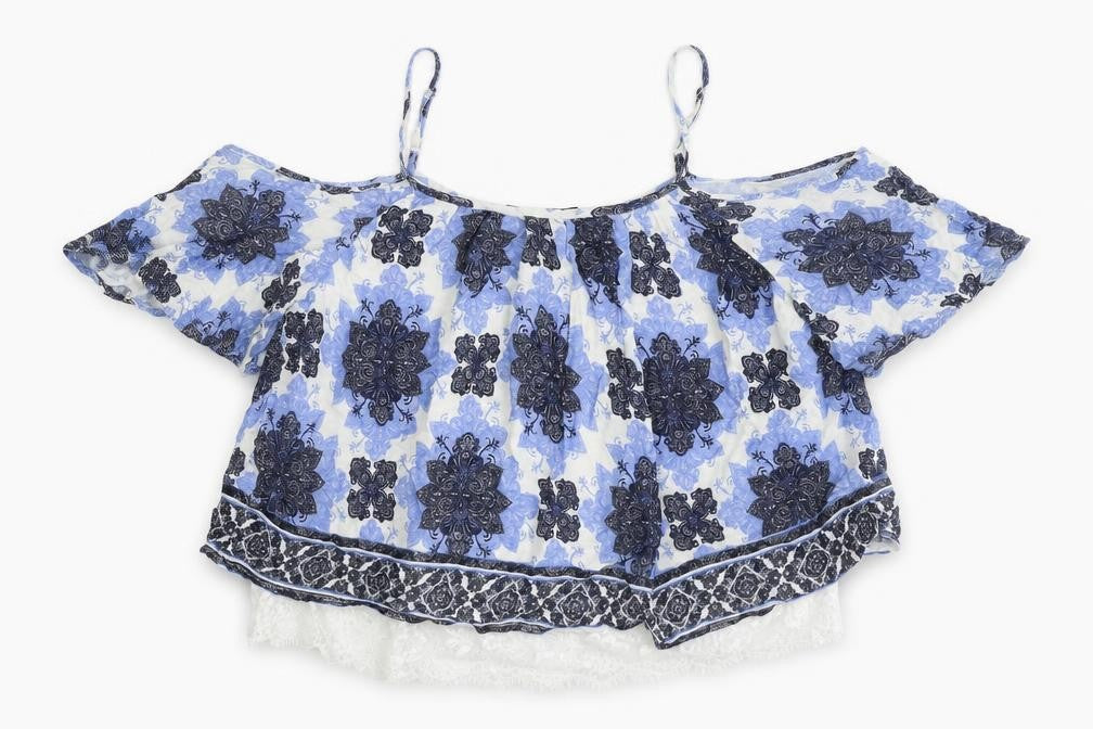 Select Womens Blue Geometric Viscose Cropped Blouse Size 12 Off the Shoulder - Lace Detail