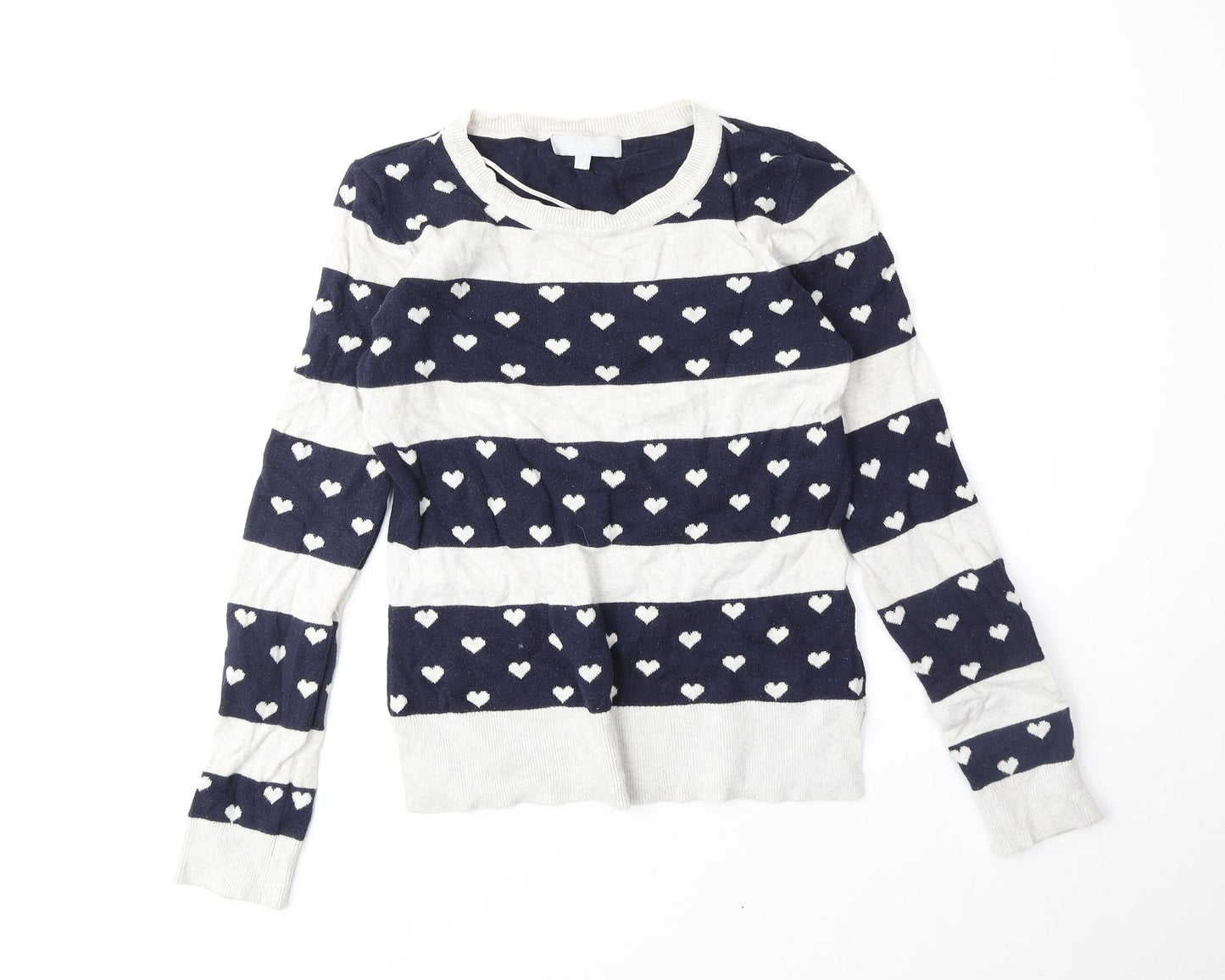 Red Herring Womens Blue Round Neck Geometric Cotton Pullover Jumper Size 8 - Heart Pattern