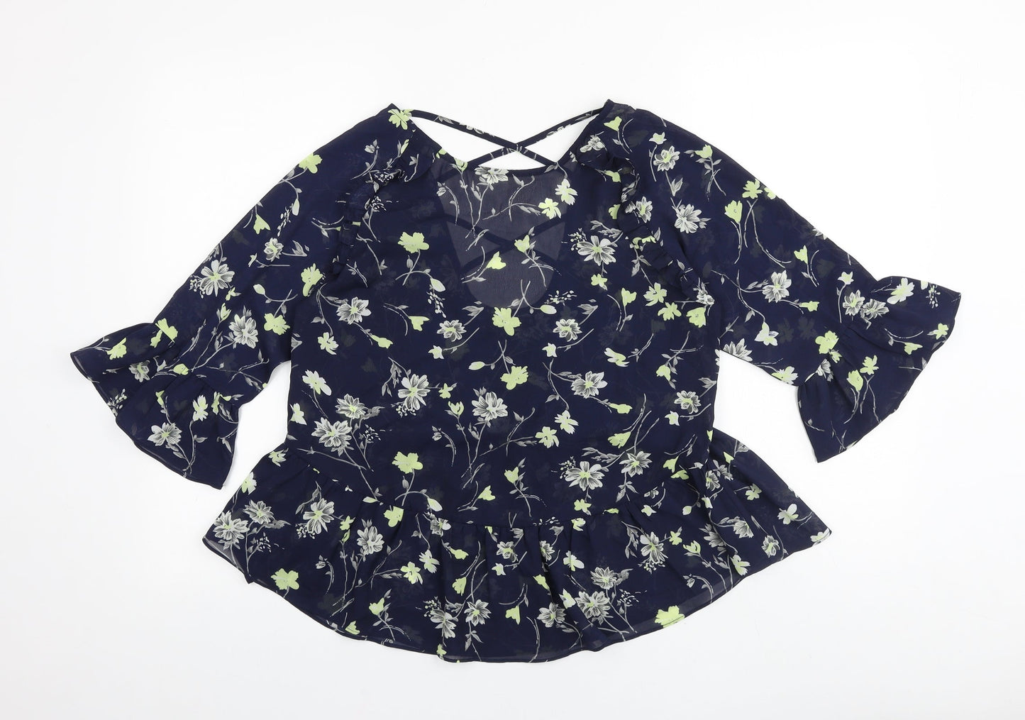 Boohoo Womens Blue Floral Polyester Basic Blouse Size 8 V-Neck