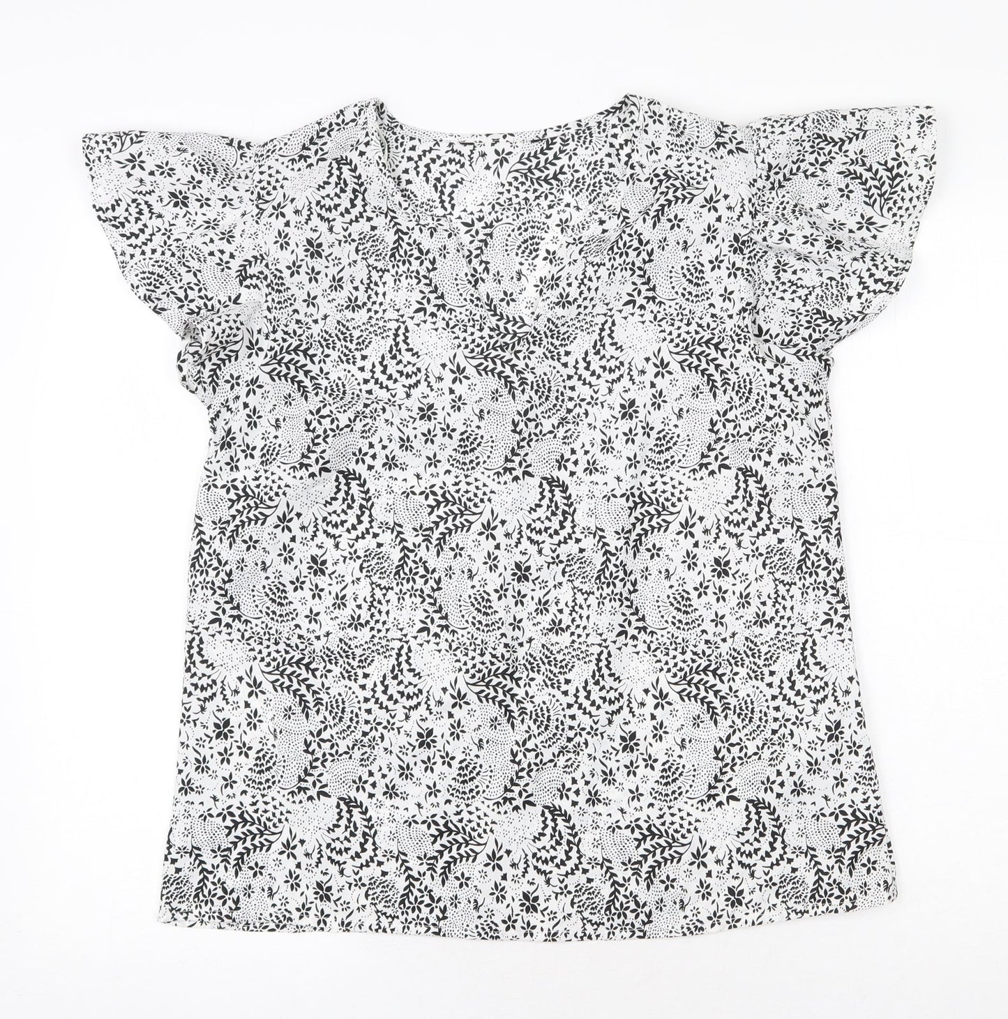 Peacocks Womens White Geometric Polyester Basic T-Shirt Size 10 Round Neck
