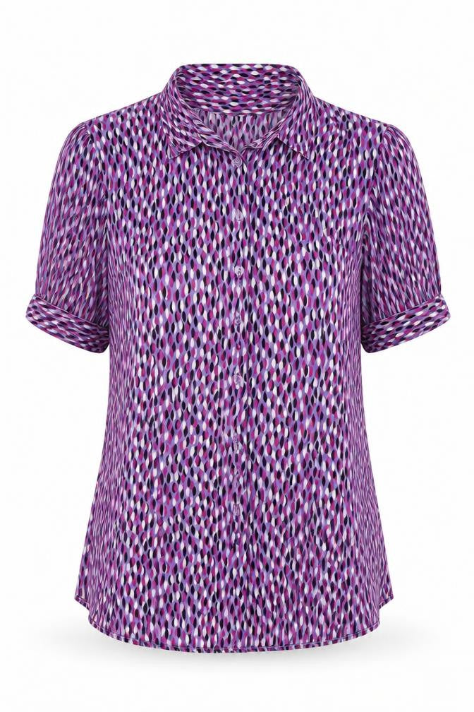 Preworn Womens Purple Geometric Polyester Basic Button-Up Size 12 Collared