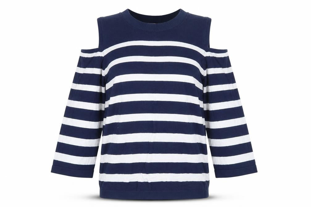 Soon Womens Blue Round Neck Striped Viscose Pullover Jumper Size 8 - Cold Shoulder