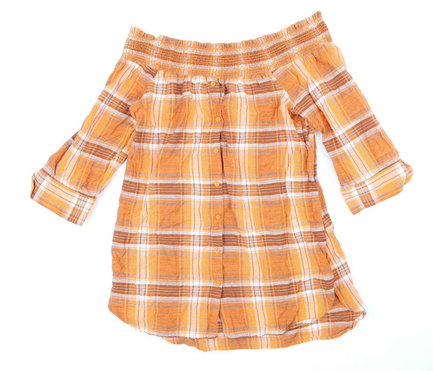 NEXT Womens Orange Plaid Cotton Basic Blouse Size 10 Boat Neck
